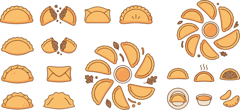 Empanada Pastry Collection with Savory Filled Dumplings and Dipping Sauce Vector Set