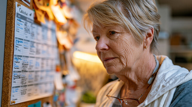 Retired nurse reviewing a part-time hospice volunteer schedule on a printed calendar pinned to a corkboard, reading glasses hanging from her collar, warm kitchen light behind her, purposeful express