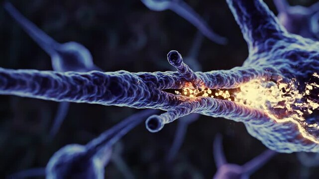 Neuron firing electrical impulse close-up inside neural network, illustrating synaptic transmission, brain activity, neuroscience research, medical visualization, and nervous system communication.