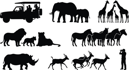 African safari silhouettes bundle featuring tourists in off road vehicle elephants giraffes lions herd of zebras rhinoceros antelopes  © SHEMA