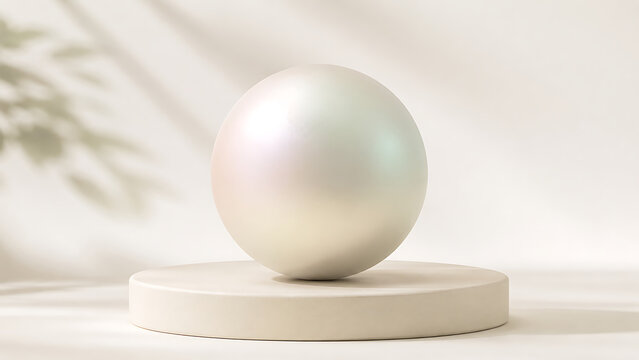 Iridescent pearl sphere resting on a circular beige pedestal
