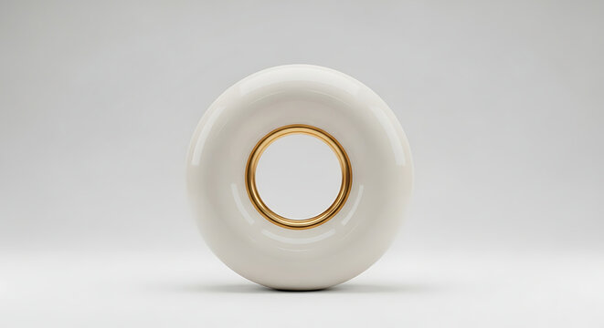 Ivory porcelain toroid sculpture with a metallic gold inner ring