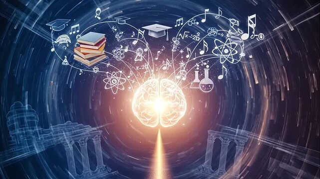A glowing human brain radiates knowledge and academic symbols