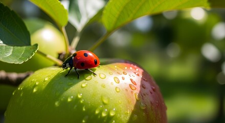 Fototapeta premium Ladybug on dew-covered green leaf
