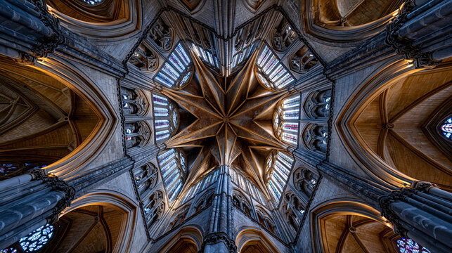 Soaring Gothic cathedral nave interior from floor-level child perspective looking upward at ribbed vaulting, streaming light through clerestory windows, scale awe sacred architecture heritage touris