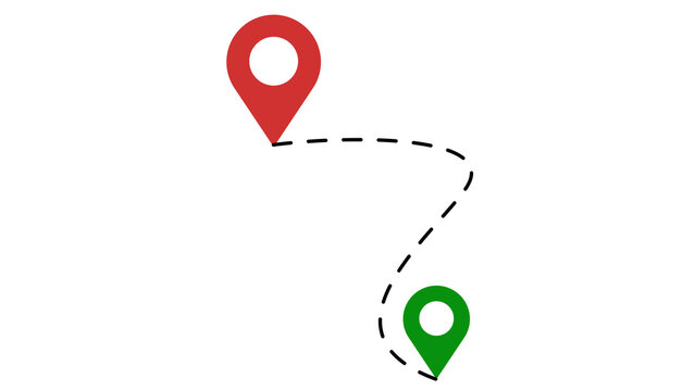 Map route with red and green location pin pointers