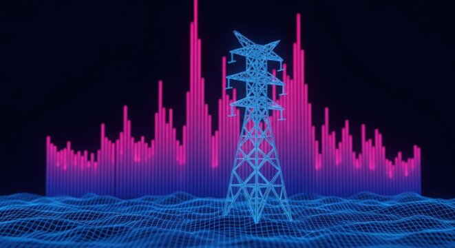 Pixel art electricity pylon in front of a neon pink city skyline illustration futuristic