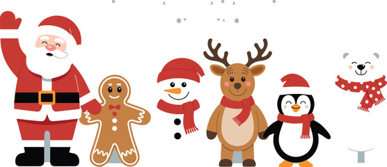Cute Christmas characters set flat vector illustration featuring Santa Claus snowman reindeer and polar bear © Yesrath Hasan Sobuj