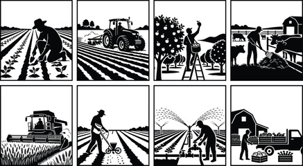 Obraz premium Agriculture and farming vector illustrations set featuring black silhouettes of farmers planting crops, driving tractor, harvesting fruit, feeding 