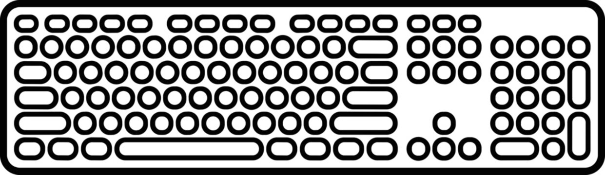Black and white outline illustration of a computer keyboard, simple design, clean lines, modern technology concept