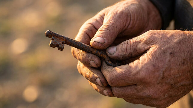 Weathered Hands Holding Old Rusty Key Closeup