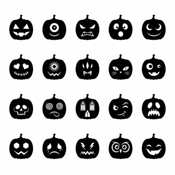 Collection of various carved pumpkin faces for Halloween decoration and design.