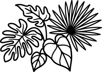 Tropical Foliage Silhouette: Exotic Leaves, Palm Frond, Monstera, Philodendron - Black and White Line Art © 300mas