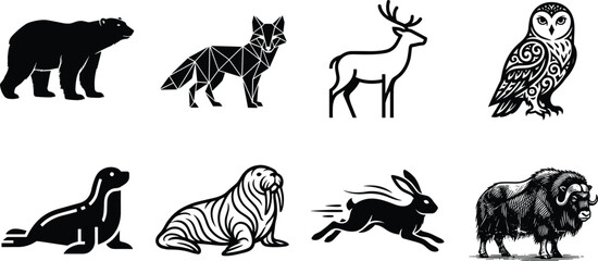 Arctic and northern wildlife vector icons set featuring black silhouettes of a polar bear, geometric fox, reindeer outline, ornamental © SHEMA