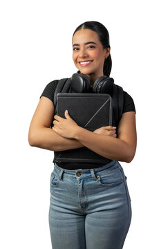 Smiling young hispanic female college student wearing headphones and carrying a backpack while holding a digital tablet against a white background