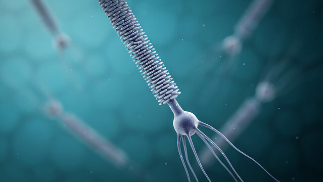 Detailed illustration of a neuron cell with axon and dendrites in a teal colored environment  neuroscience concept