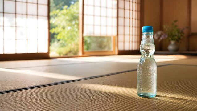 和室の畳に置かれた冷たいラムネ瓶と夏の日差し