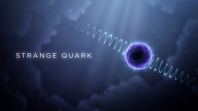 Strange quark particle with purple glow and spiral waves in dark blue cloudy background with light beam  science concept