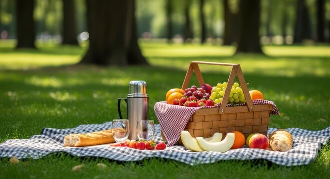 Summer Picnic Basket Filled With Fresh Fruits on a Plaid Blanket in a Sunny Park.
