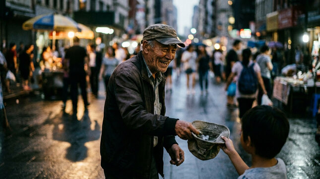 Elderly Man Giving Coins to Young Boy