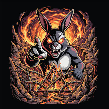An aggressive, evil bunny with glowing eyes points forward from a fiery, rocky underworld hellscape