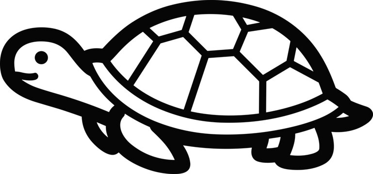 Simple black and white cartoon turtle illustration, clean line art, isolated on white background