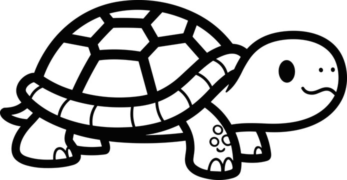 Cute cartoon turtle illustration, black and white line art, simple and adorable animal design