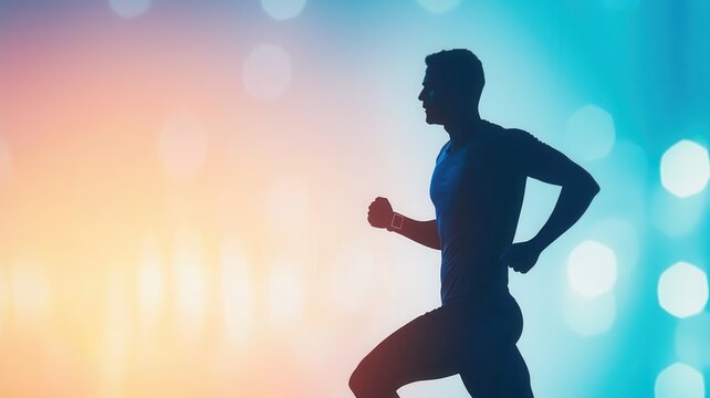 Male athlete silhouette running against vibrant bokeh light background demonstrating fitness performance and active lifestyle