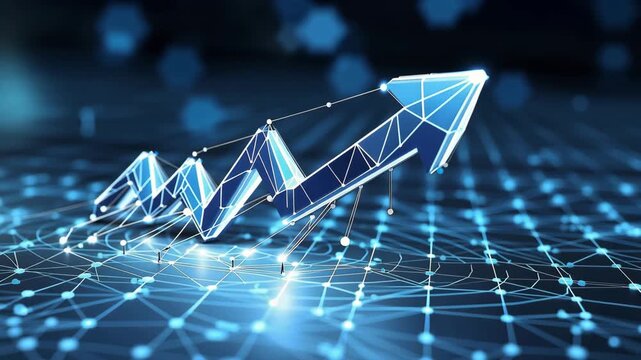 Polygonal blue upward trend arrow illustrates business growth and financial success in abstract digital network environment.
