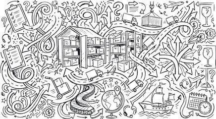 Fototapeta premium Detailed warehouse logistics and supply chain management doodle concept featuring shipping boxes delivery routes global transportation and freight icons logistics warehouse delivery