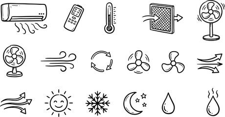 Naklejka premium Air conditioning and climate control icon set containing doodle illustrations of ac unit thermostat fan airflow weather temperature symbols with conditioning temperature ventilation