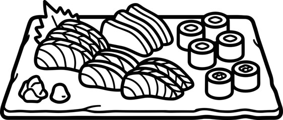 Japanese Sashimi and Sushi Rolls Illustration - Simple Line Art © Jayagem