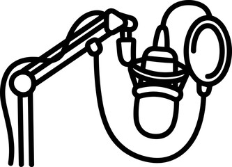 Microphone with boom arm and pop filter, podcasting equipment, simple line art illustration © Hanzcoli