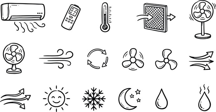 Air conditioning and climate control icon set containing doodle illustrations of ac unit thermostat fan airflow weather temperature symbols with conditioning temperature ventilation