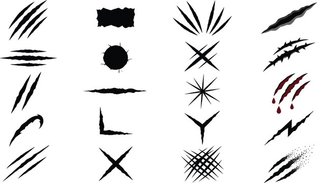 Monster Claw Marks and Scratch Silhouette Icon Set Featuring Wild Animal Slash, Rip, and Tear Marks for Horror, Gaming, and Sport Designs