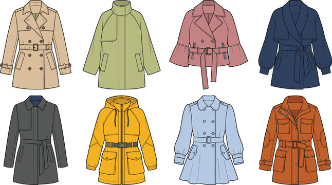 Collection of womens outerwear templates including trench coats parkas and elegant jackets technical vector illustrations