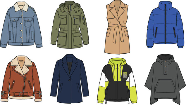 Collection of winter outerwear templates including puffer jackets shearling coats and windbreakers technical vector illustrations