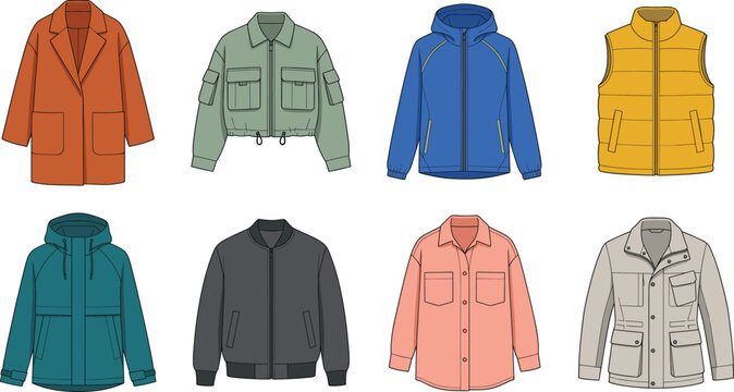 Collection of winter outerwear and casual jacket templates including bomber jackets windbreakers and coats vector illustrations