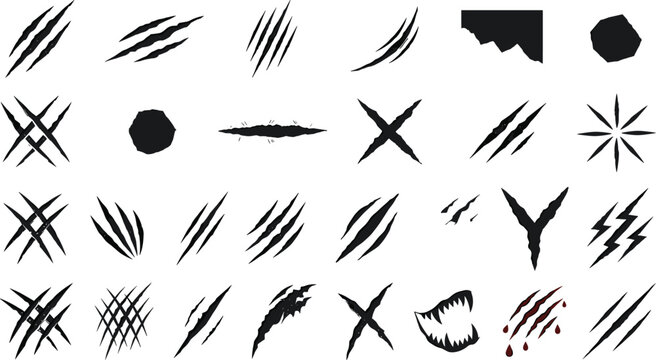 Monster Claw Scratch Marks Silhouette Collection Featuring Savage Animal Slash, Bloody Rip, and Sharp Monster Teeth Icons for Horror, Gaming, and Sport Graphics