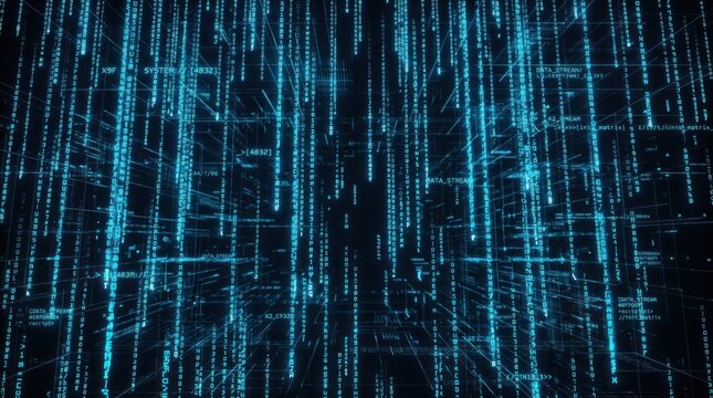 Digital code flows down a dark futuristic screen with blue binary data streams.