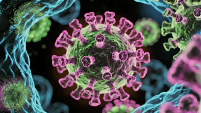 Virus particles drifting close-up on black background green and pink spike structures, supporting virology research, infection modeling, vaccine education, pathogen study, and healthcare communication