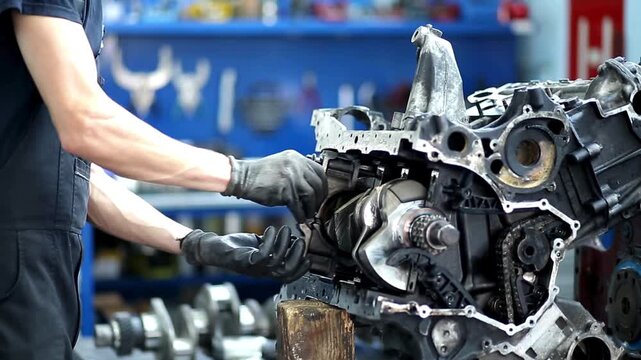 Mechanic working on a disassembled car engine in a professional auto repair shop