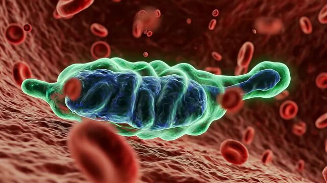 Single pathogen drifting close-up through bloodstream environment with red blood cells, supporting infection modeling, medical microbiology, vascular disease research, and clinical diagnostics content