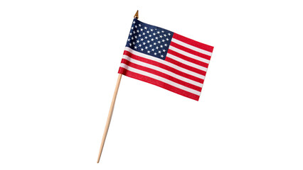 Small American flag waving on a thin wooden stick isolated on transparent background cut out