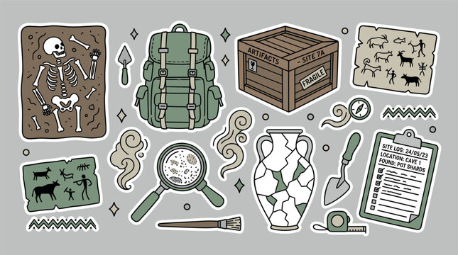 Archaeology and excavation vector icons with skeleton, crate and backpack for infographic design in hand drawn outline style