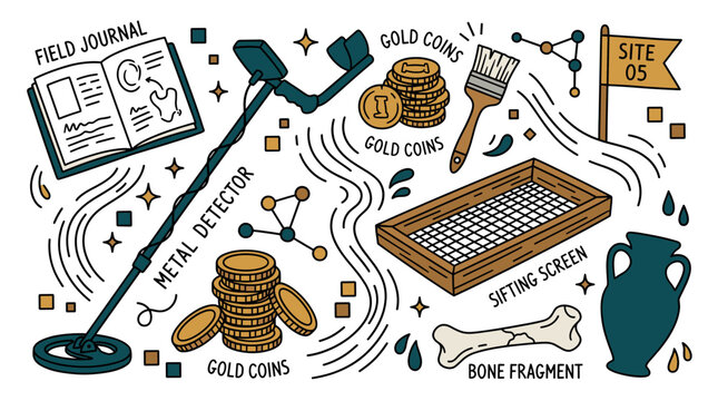 Archaeology and discovery concept icons with metal detector, bone fragment and gold coins for print design in vintage doodle style