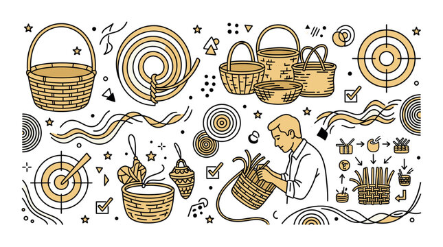 Basket weaving and craft vector icons with basket, string and hands for print infographic in minimal outline style