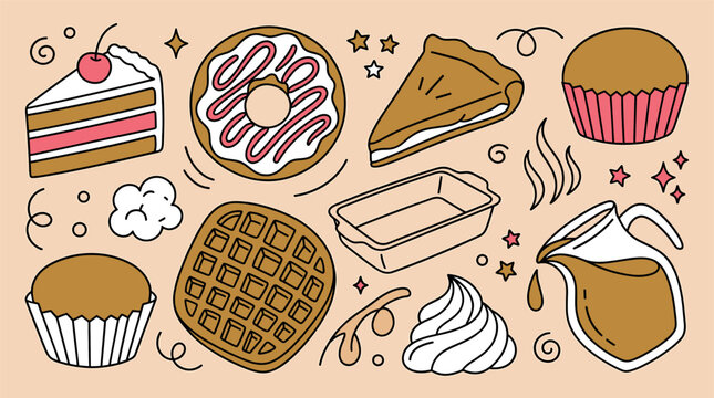 Bakery and dessert design icons with slice of cake, donut and pie for print marketing in flat colorful style