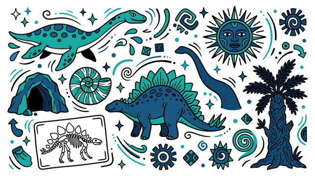 Dinosaurs and prehistoric concept icons with stegosaurus, plesiosaur and fossils for infographic design in cartoon vector art