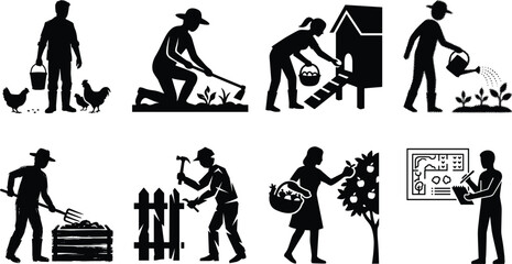 Backyard Farming Black Silhouette Icon Set Featuring Chicken Care, Gardening © SHEMA